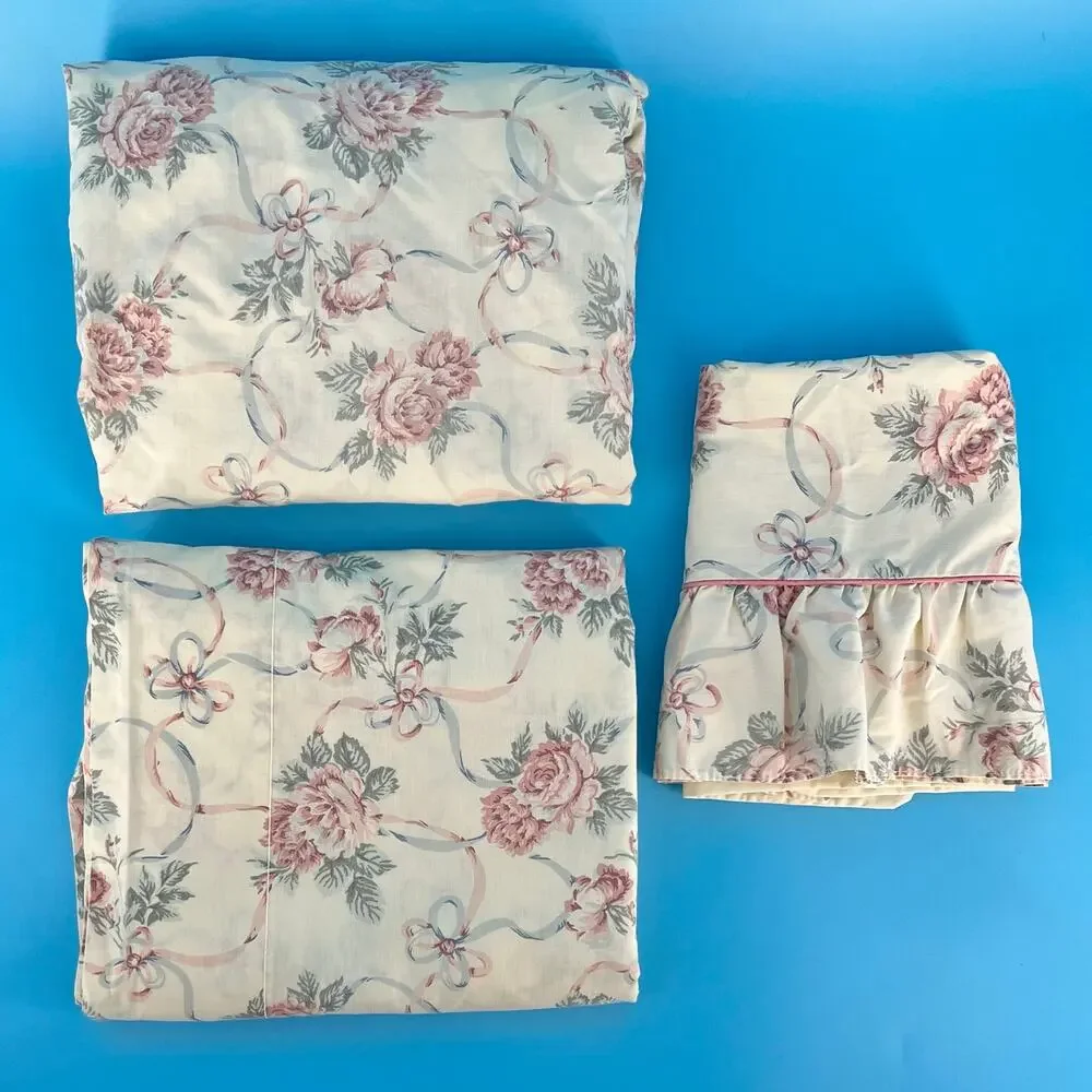 80s Cottagecore Roses & Ribbons Sheet Set Sears 3 Piece Full Size 1980s Vintage